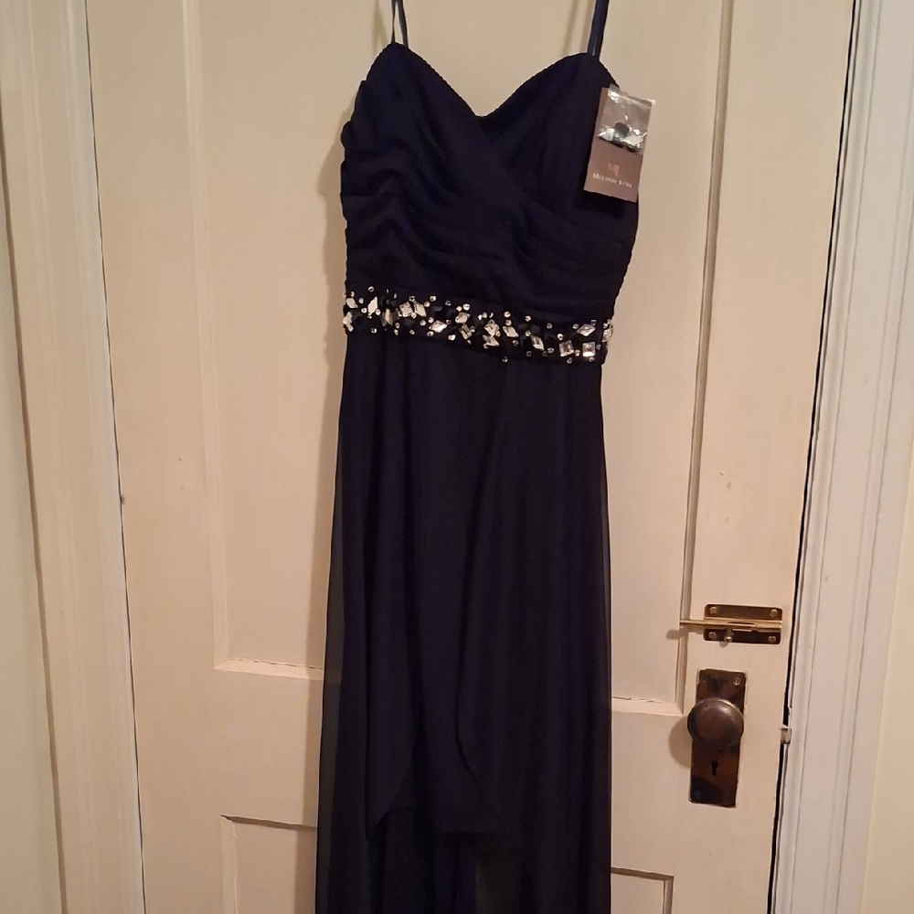 Chic Navy High Low Dress with‎ Embellishments